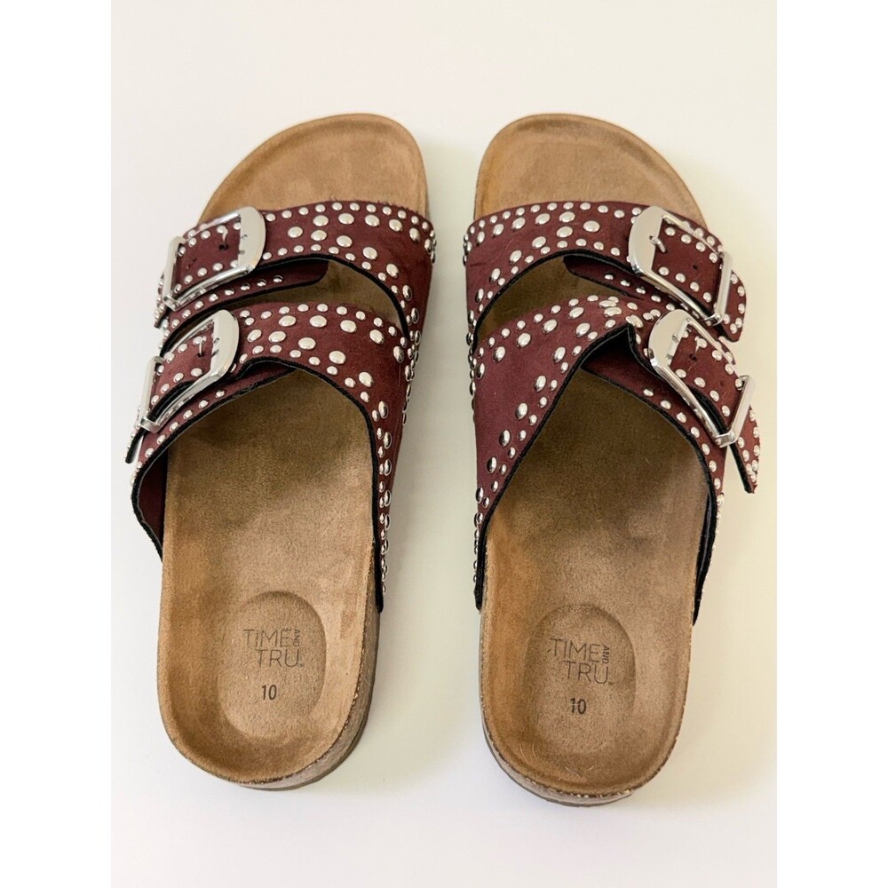 NEW Time and Tru Women's Studded Double-Buckle Slide Sandal in Burgundy Size 10